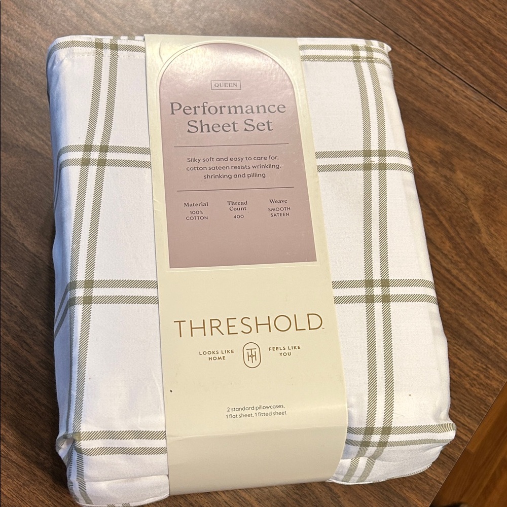 Threshold Performance Queen Sheet Set - White with Olive Plaid